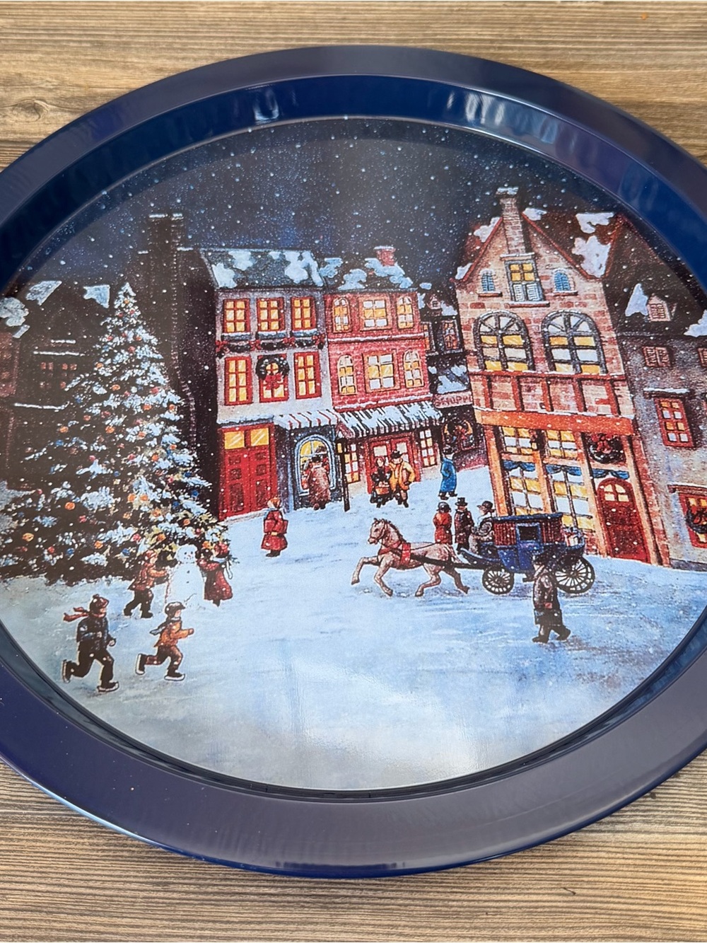 Vintage Blue Holiday Village Decorative Serving Tray